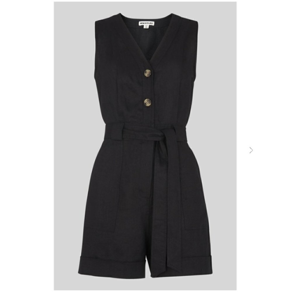 Whistles UK Black Linen Button Detail Playsuit Romper w/Tie Belt-Size 12 US NWT